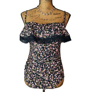 Kona Sol M Ruffle One-Piece Swimsuit M Black Pink Removeable Adjust Straps Styli